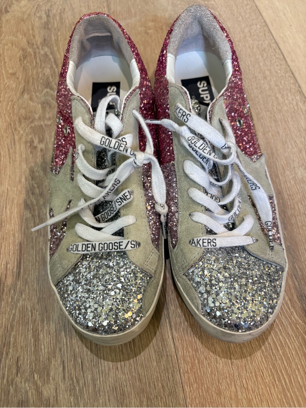 Golden Goose Super-Star Pink & Silver Glitter Low-Top Sneakers